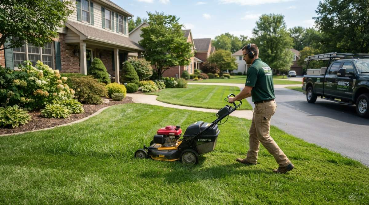 A professional lawn care technician pushing a commercial mower across a well-manicured suburban front yard, with a lush green lawn stretching toward a neat driveway