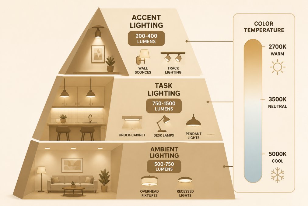 Pyramid diagram showing three layers of residential lighting design: base layer labeled "Ambient Lighting" (500-750 lumens, overhead fixtures, recessed lights), middle layer labeled "Task Lighting" (750-1500 lumens, under-cabinet, desk lamps, pendant lights), top layer labeled "Accent Lighting" (decorative, wall sconces, track lighting, 200-400 lumens) with color temperature scale from warm 2700K to cool 5000K