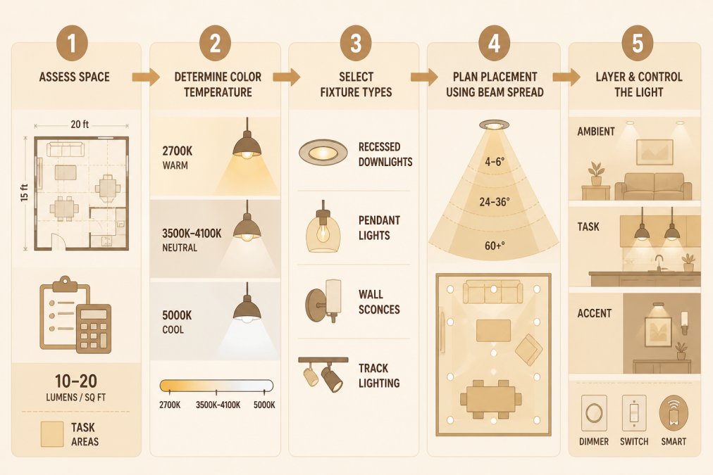 Flowchart showing five-step residential lighting design process: Step 1 "Assess space and measure lumens (10-20 lumens per sq ft ambient, identify task areas)" → Step 2 "Determine color temperature by room (2700K warm, 3500K-4100K neutral, 5000K cool)" → Step 3 "Select fixture types (recessed downlights, pendant lights, wall sconces, track lighting)" → Step 4 "Plan placement using beam spread (4-6 ft spacing for downlights, 30-36 inches for pendants)" → Step 5 "Install and test dimmer integration (verify LED compatibility, test scenes and automation)"