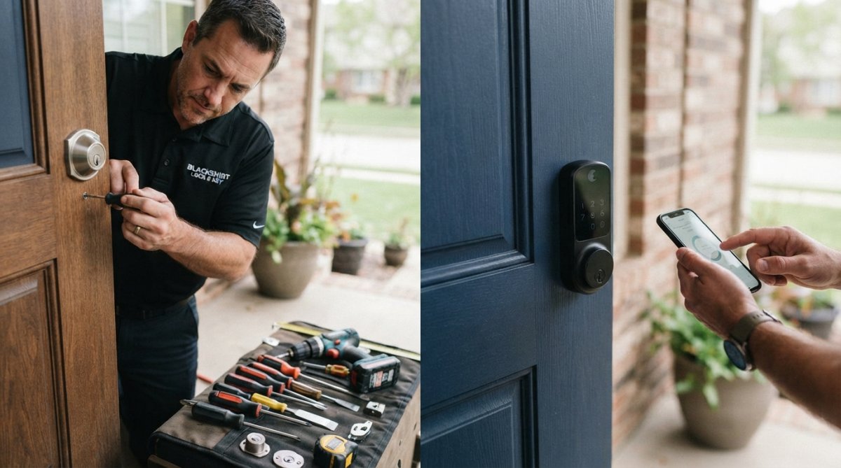 Locksmith in uniform performing a residential lock installation of a modern keyless deadbolt on a front door