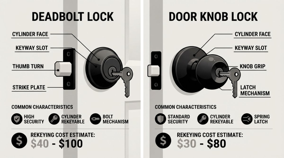 Close-up of a residential entry door showing a deadbolt lock above a door knob lock side by side, with visible keyway slots and lock cylinder faces in clear natural daylight
