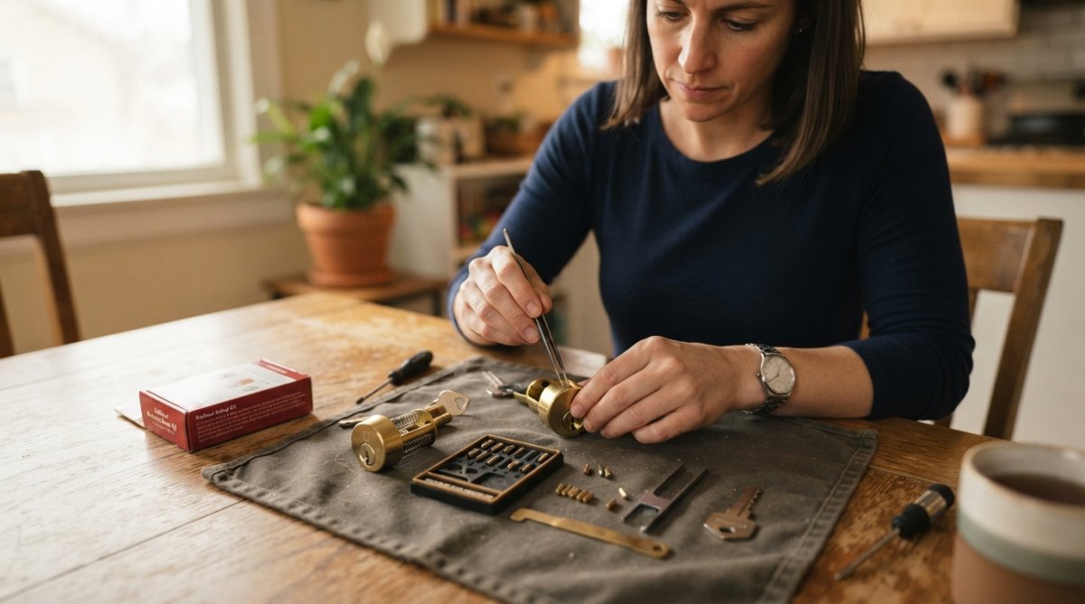 Hands of a homeowner working at a kitchen table with a DIY rekeying kit, small key pins, a follower tool, and a disassembled lock cylinder spread out on a protective cloth in warm indoor lighting