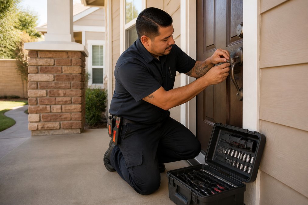 A professional locksmith in uniform kneeling at a residential front door, using a pin tumbler rekey kit on a deadbolt cylinder, with a toolbox open on the porch and a suburban home entrance visible in the background