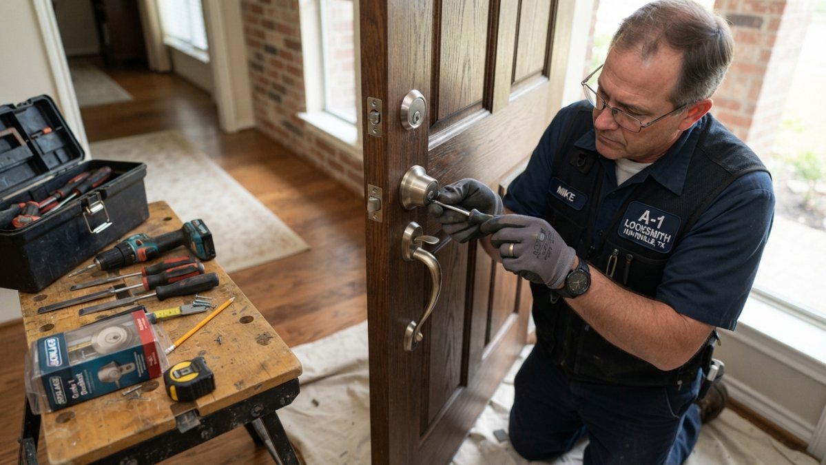 Professional locksmith installing a residential deadbolt on an exterior door, demonstrating proper alignment and hardware placement with tools visible on workbench