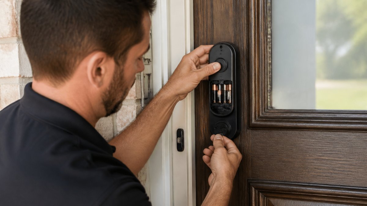 Locksmith technician providing residential locksmith services by installing a modern smart lock on a front door