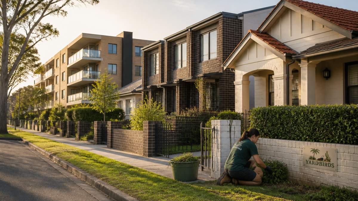 A quiet suburban street with a mix of standalone houses, townhouses and low-rise unit blocks, front gardens neatly maintained, late afternoon light