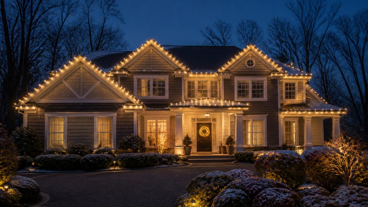 A two-story suburban home at dusk with warm white string lights outlining the roofline and gables, glowing against a deep blue evening sky, with a lit wreath on the front door and snow-dusted shrubs in the foreground