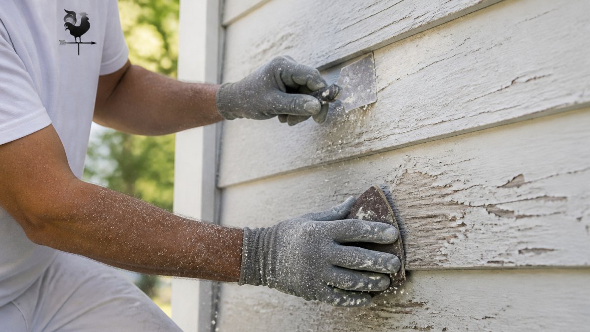 Professional painter's hands performing surface preparation on residential exterior wall, showing scraping and sanding technique with dust and paint chips visible, natural outdoor lighting