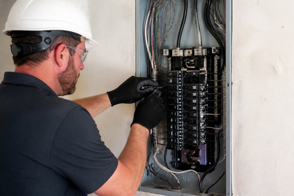 Licensed electrician in safety gear working inside an open electrical panel, installing new circuit breakers with proper wire management and organized connections visible