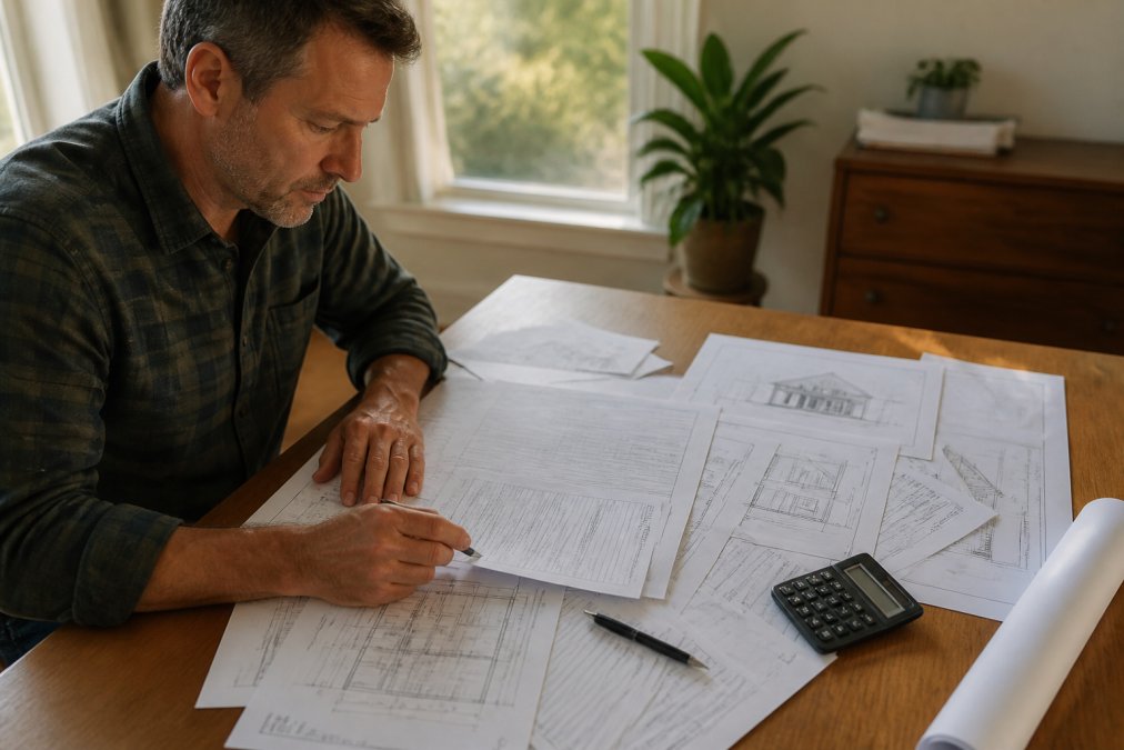 Homeowner carefully reviewing construction plans and permit application forms spread across a desk with blueprints, pen, and calculator in natural afternoon light