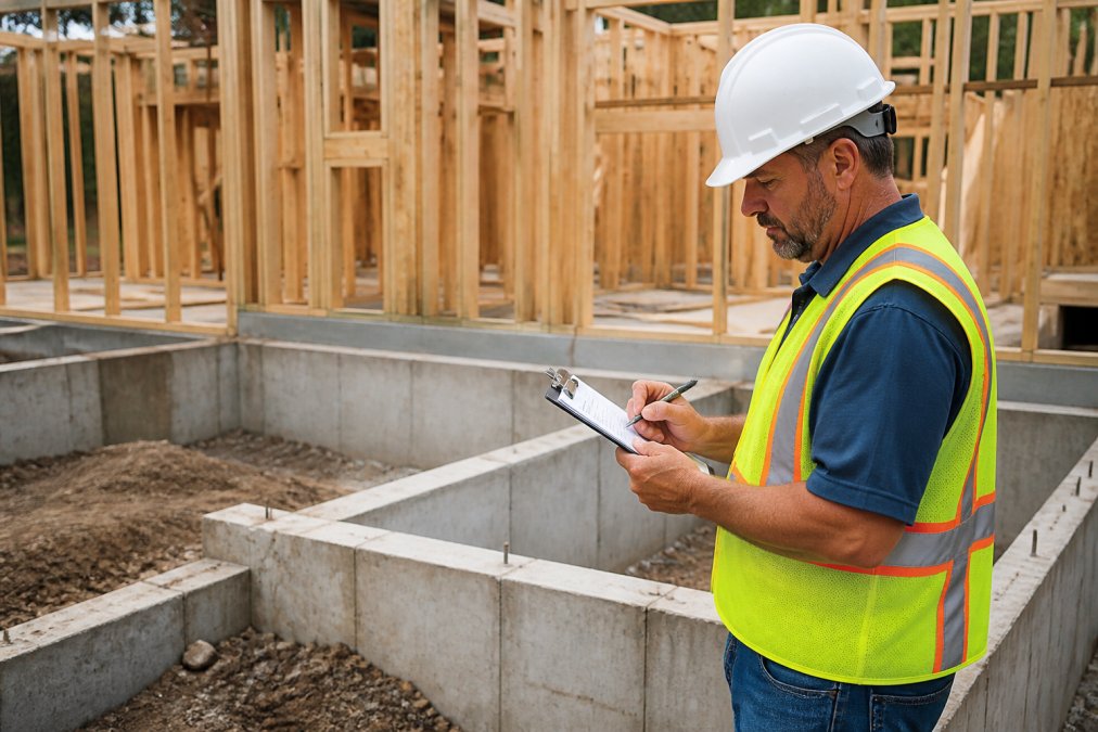 Building inspector in safety vest and hard hat conducting thorough site inspection, examining structural framing and foundation work while taking detailed notes on clipboard at active residential construction site