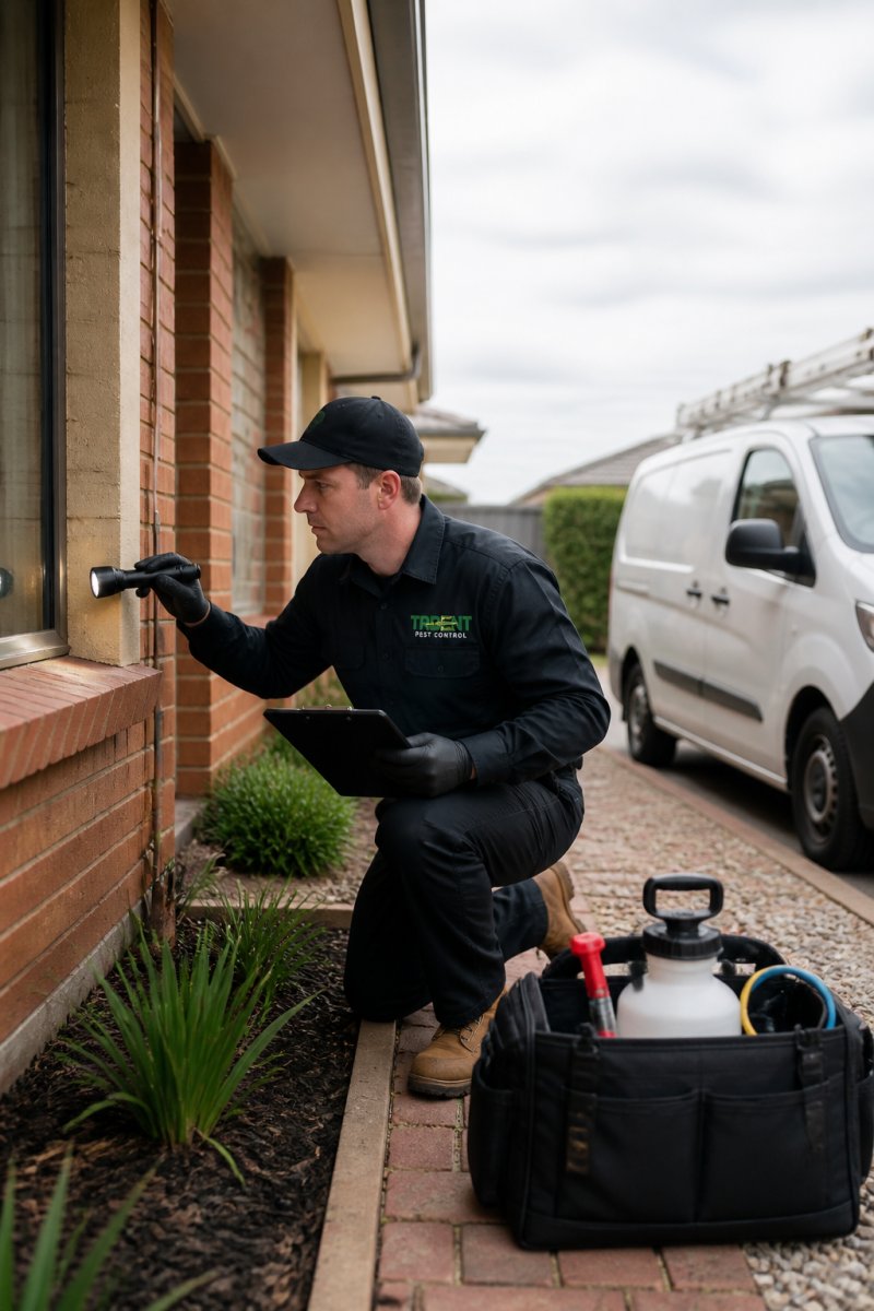 A licensed pest control technician in a branded uniform inspecting the exterior of a suburban brick home in Werribee, holding a clipboard and torch, with a service van visible in the driveway
