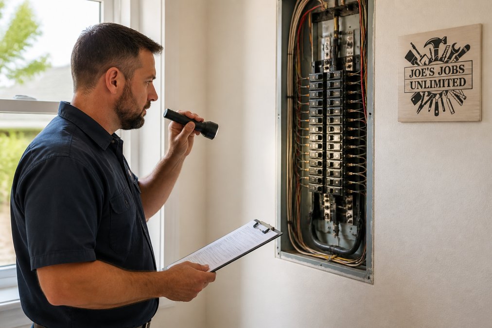 Electrician using a flashlight and clipboard to inspect a residential electrical panel near plumbing pipes