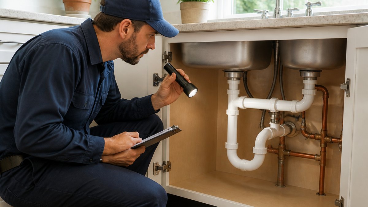 Licensed plumber in work uniform inspecting copper and PVC drain connections under a kitchen sink with a flashlight and inspection clipboard, natural daylight from window