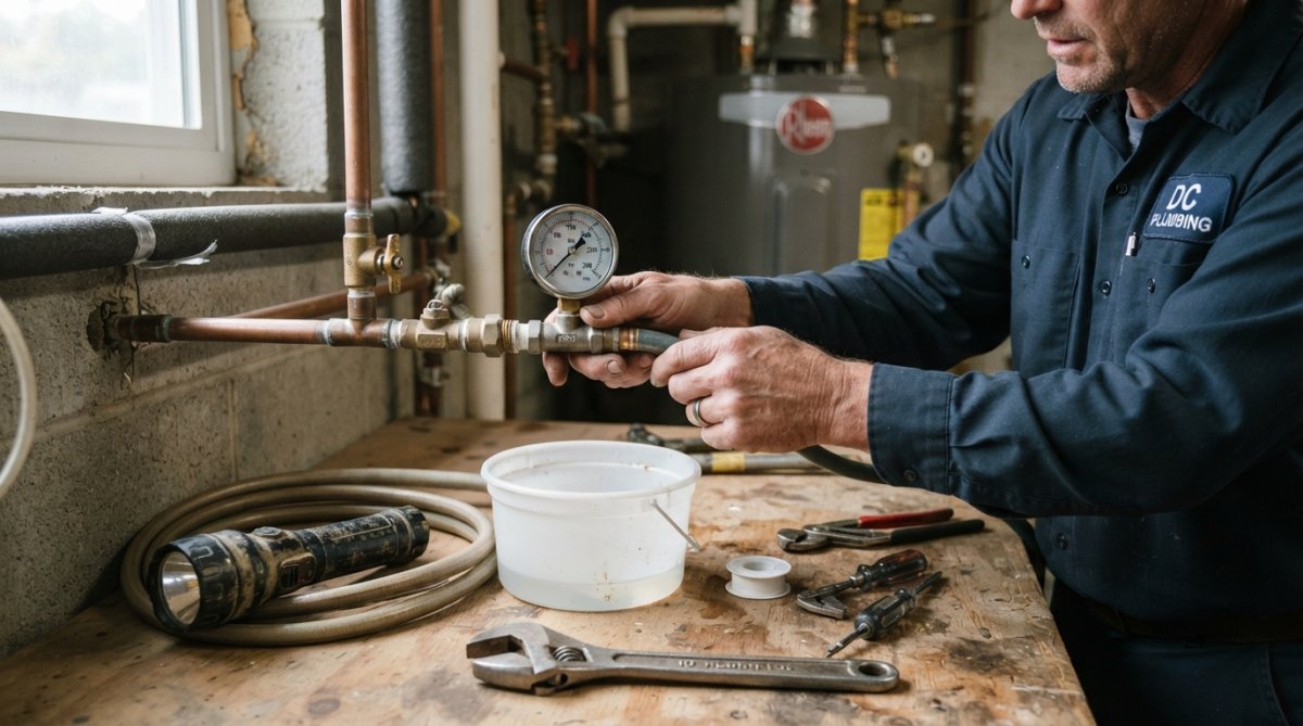 Plumber using a water pressure gauge as part of a plumbing maintenance checklist in a workshop