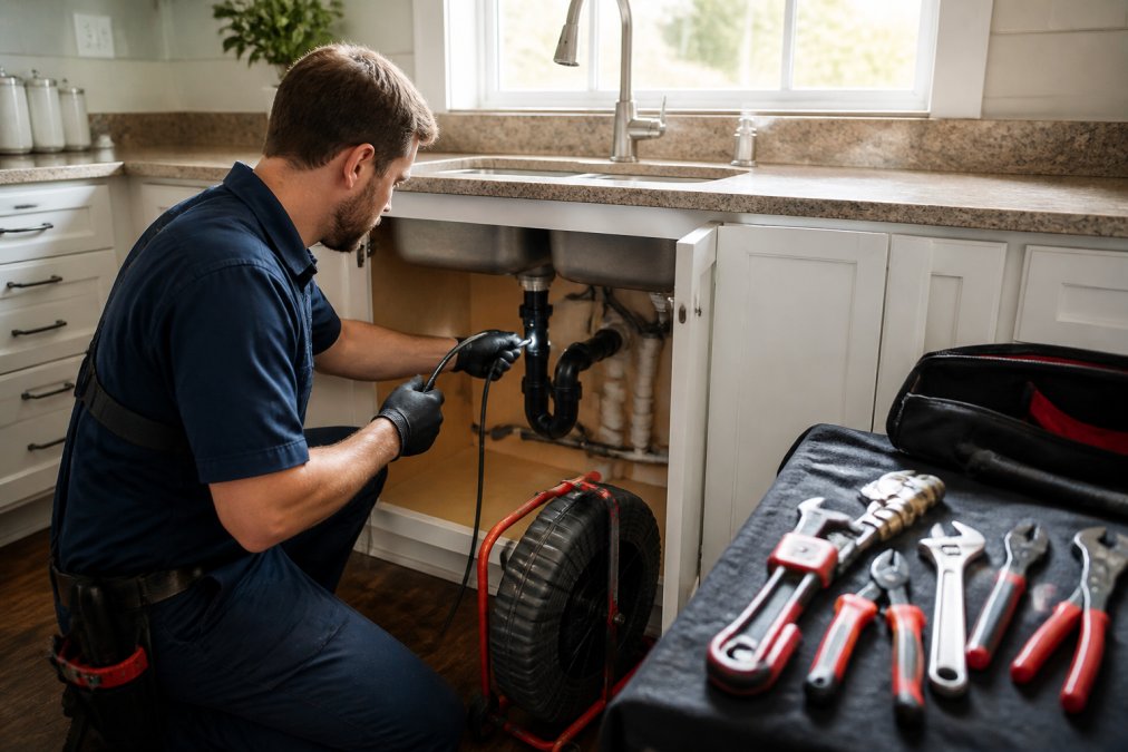 A certified plumber in uniform using a diagnostic inspection camera to examine pipes under a kitchen sink, with professional tools and equipment organized on the counter beside them, natural light from window illuminating the workspace