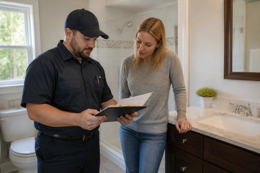 Licensed plumber reviewing insurance documents with a homeowner for residential plumbing services in a bathroom.