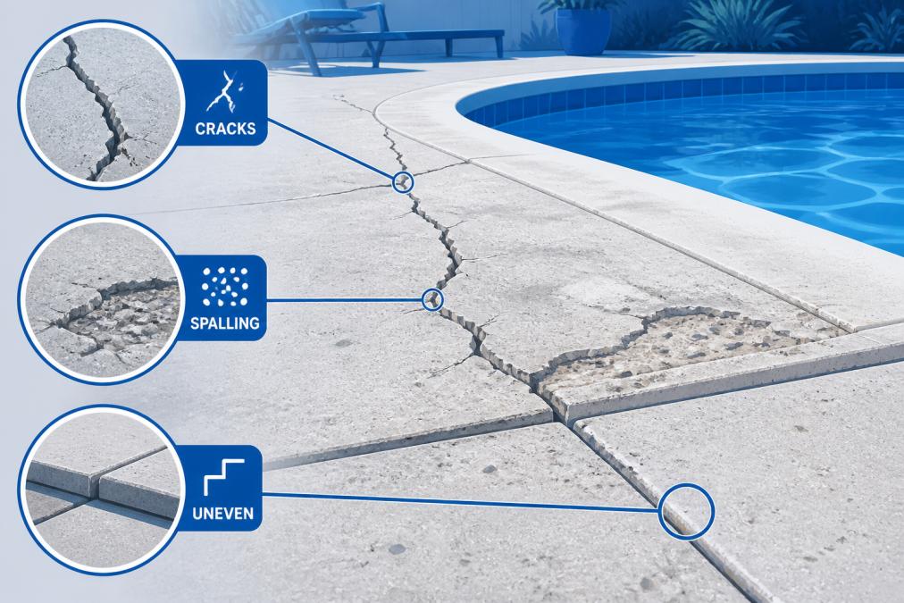 Close-up of a weathered concrete pool deck showing visible cracks, spalling surface, and discoloration around the pool edge, photographed in a sunny backyard with a blue pool visible in the background