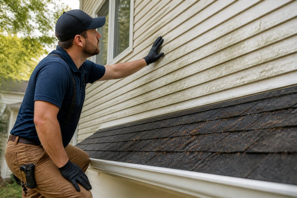 Close-up of a technician in work gear inspecting vinyl siding and roof areas of a residential home, examining surface condition and mold growth with natural daylight illuminating the inspection