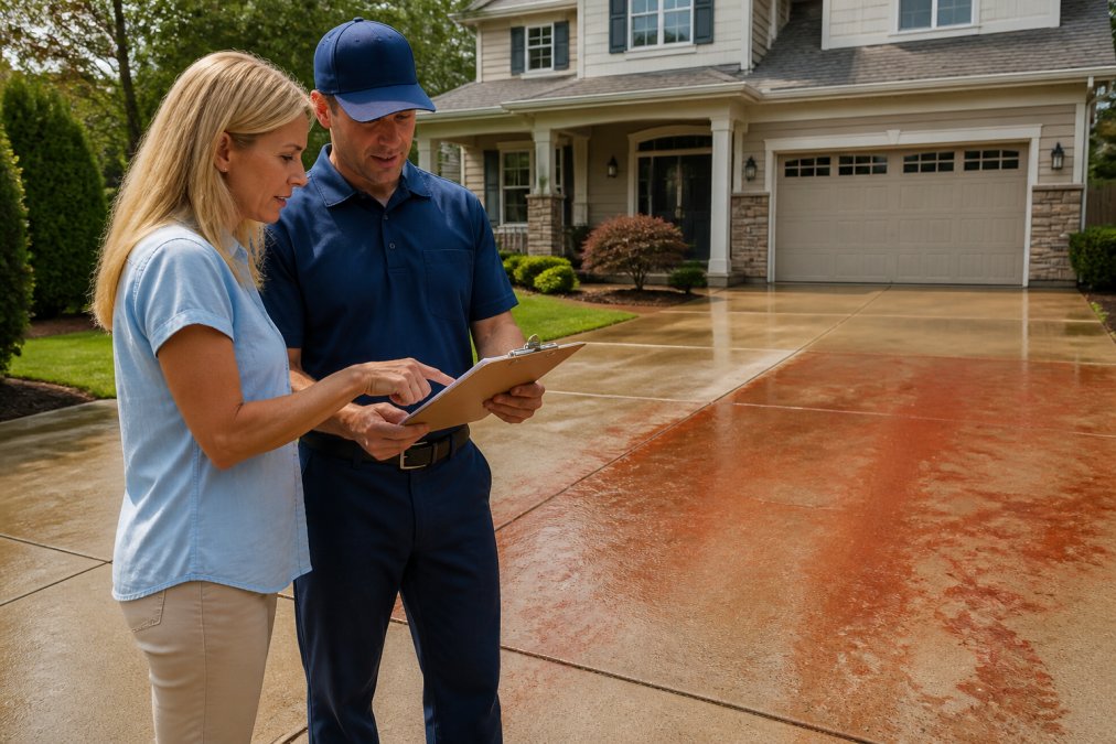 A homeowner and a uniformed exterior cleaning technician standing on a driveway, pointing at a clipboard with a quote, with a two-story house and red clay-stained concrete visible behind them on a sunny day