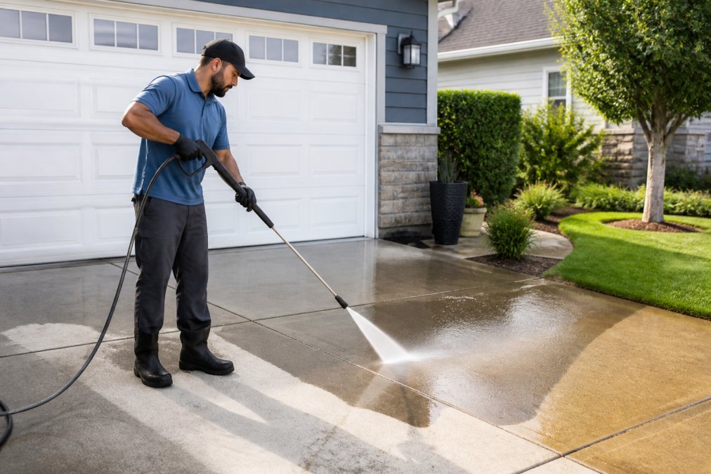 Professional pressure washer in action cleaning a residential driveway with visible water spray and cleaning solution application, showing specialized equipment and technique in natural daylight