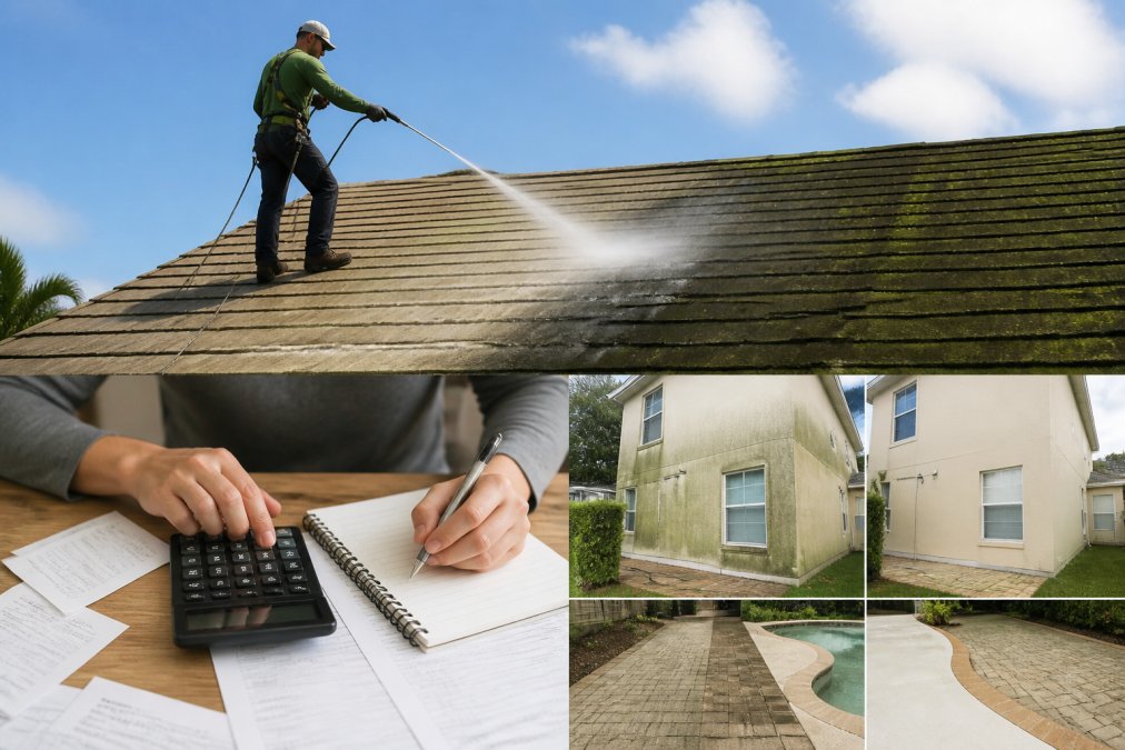 Technician using a soft wash system on a roof, which differs from pressure washing pricing for standard cleaning.