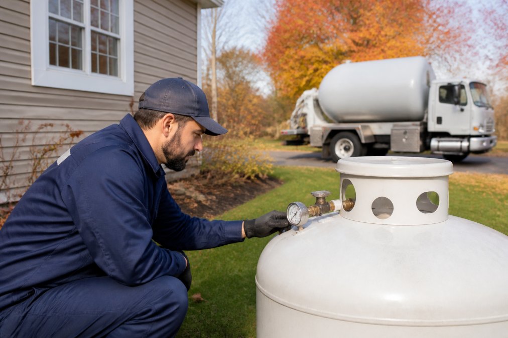 A technician in a dark blue uniform checking a residential propane tank gauge in a suburban backyard on a clear autumn afternoon, with a white delivery truck parked on the driveway nearby