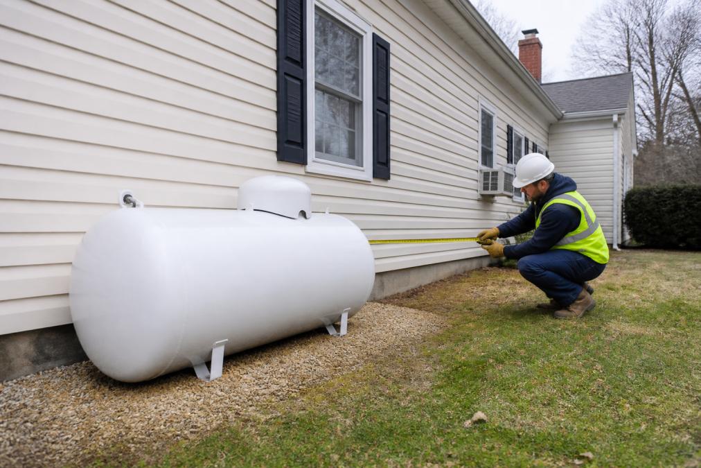 Professional technician in safety gear installing above-ground propane tank beside residential home, measuring clearance distances from structure and windows with measuring tape