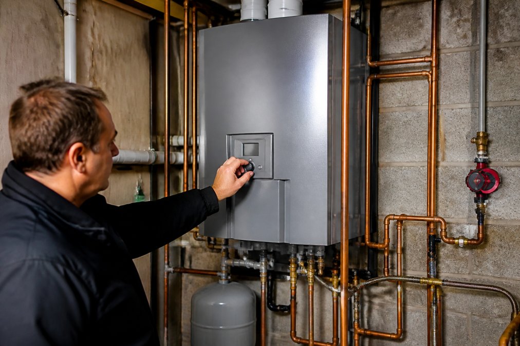 Homeowner's hand adjusting controls on new propane heating system panel mounted in basement utility room with copper piping visible