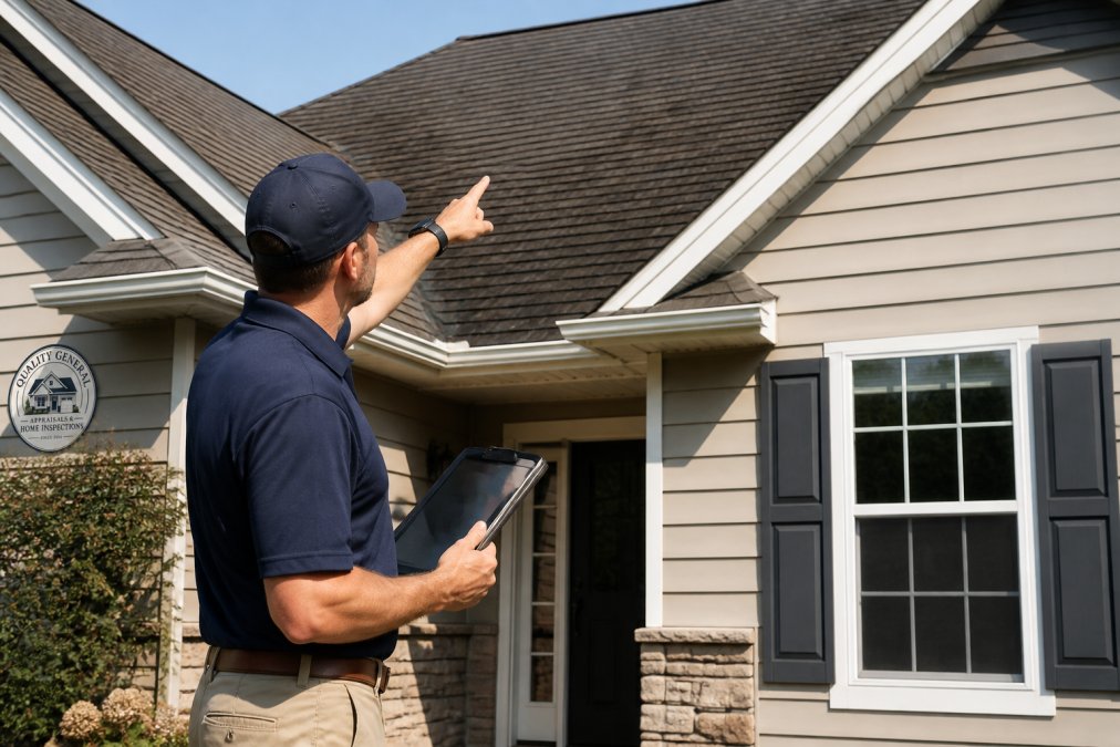Professional appraiser with clipboard and tablet inspecting exterior of residential home, examining roof condition and siding in natural daylight