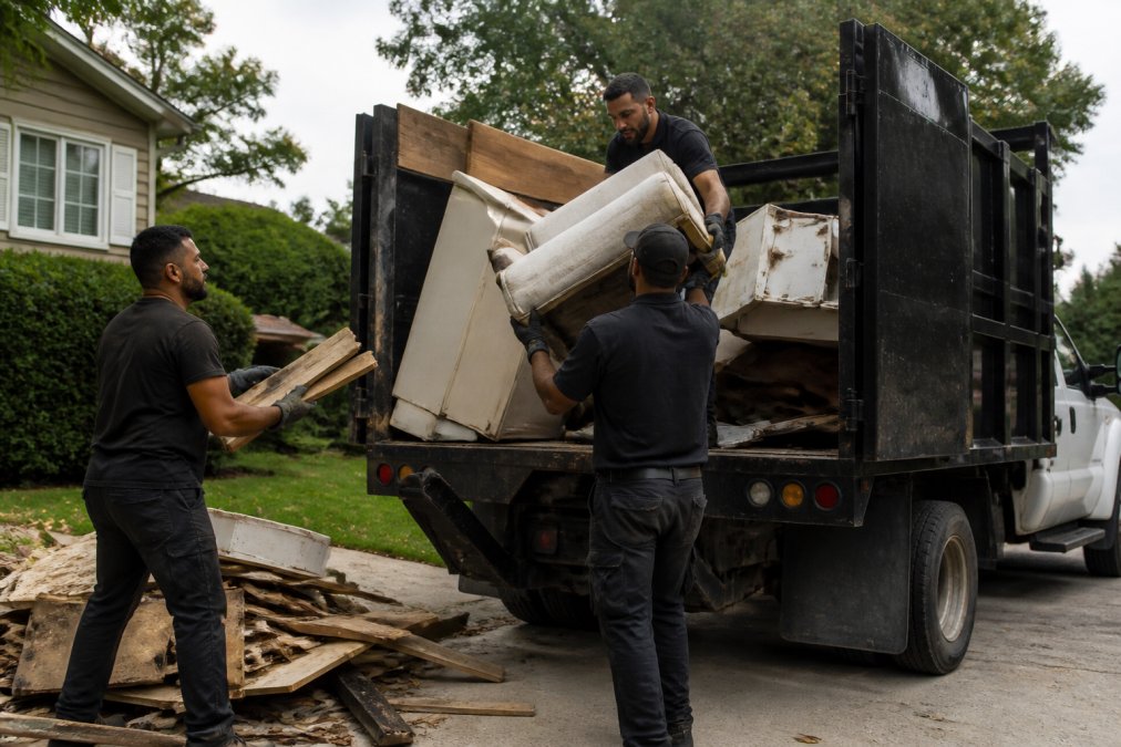 Professional crew loading construction debris and household furniture into a large commercial truck on a residential property, showing full-service labor and organized debris removal
