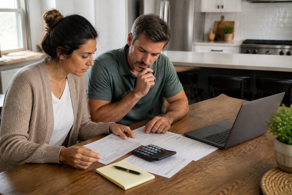 A homeowner reviewing loan documents and a calculator at a kitchen table, with a laptop showing a rate comparison page and a notepad nearby