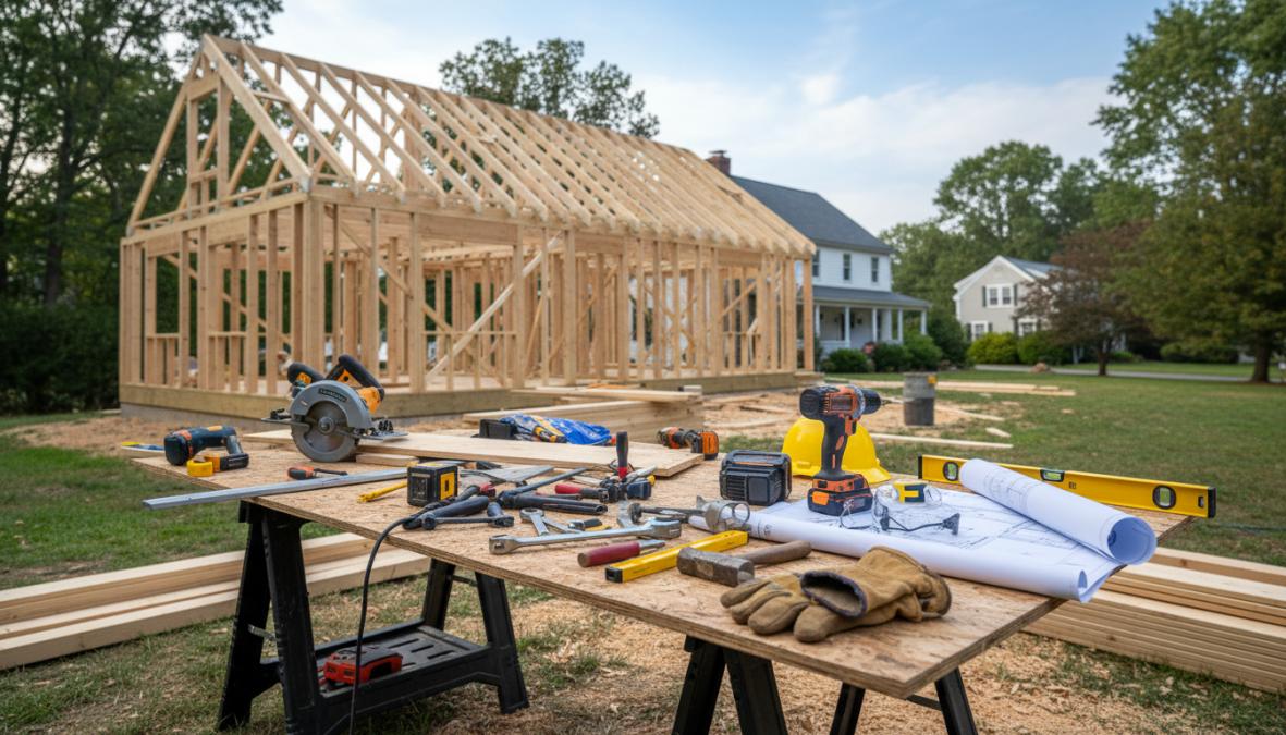 A male contractor and a female homeowner standing on the lawn outside a white Connecticut colonial-style home, both looking down at large architectural blueprints spread between them, with wooden framing structure visible in the background under a clear afternoon sky