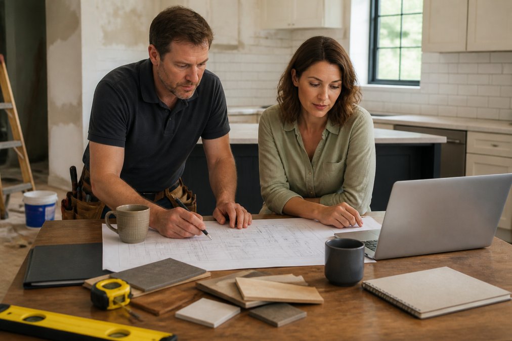 A homeowner and contractor reviewing blueprints and a laptop on a kitchen table, with a notebook and coffee cups, planning a renovation scope