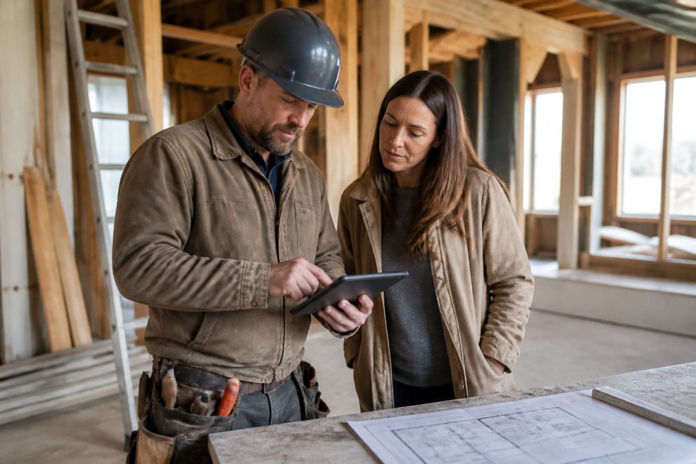 Professional contractor and homeowner reviewing detailed renovation plans and digital project tracking on a tablet at an active construction site, with blueprints and measuring tools visible on a work table