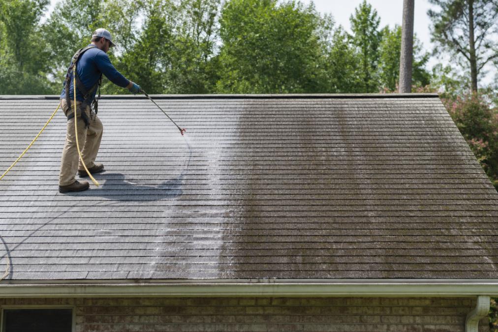 Professional technician in safety harness and protective equipment applying low-pressure soft wash solution to residential asphalt roof shingles under bright daylight