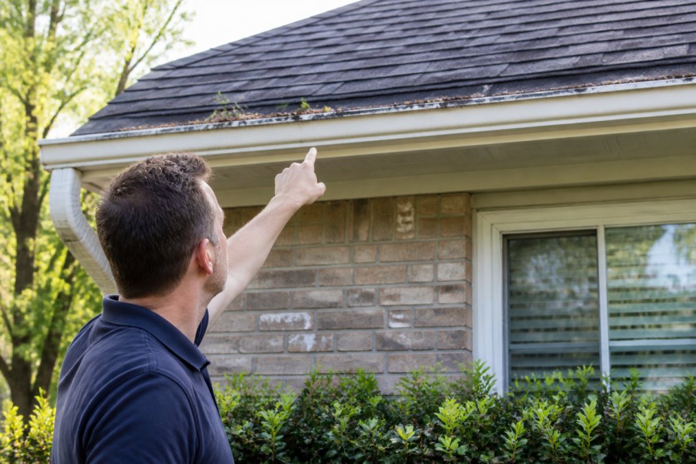 Homeowner standing at ground level examining roof edge and gutter system, pointing to debris and potential damage areas, clear afternoon sunlight
