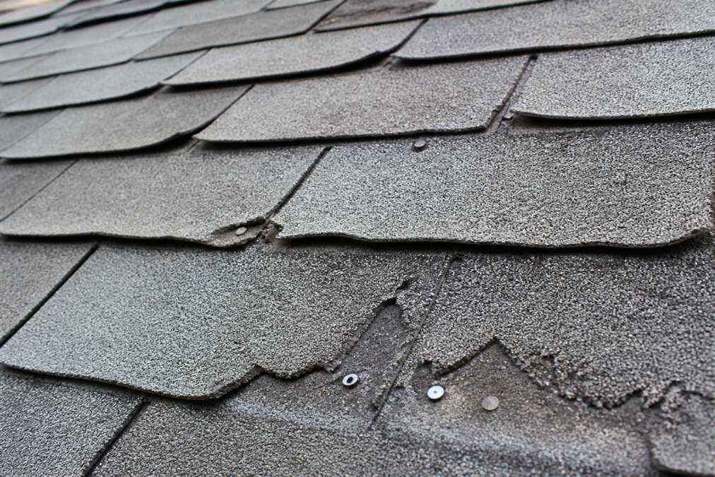 Close-up of asphalt shingle roof showing granule loss, curling shingles, and nail pops with visible weather damage patterns and wear