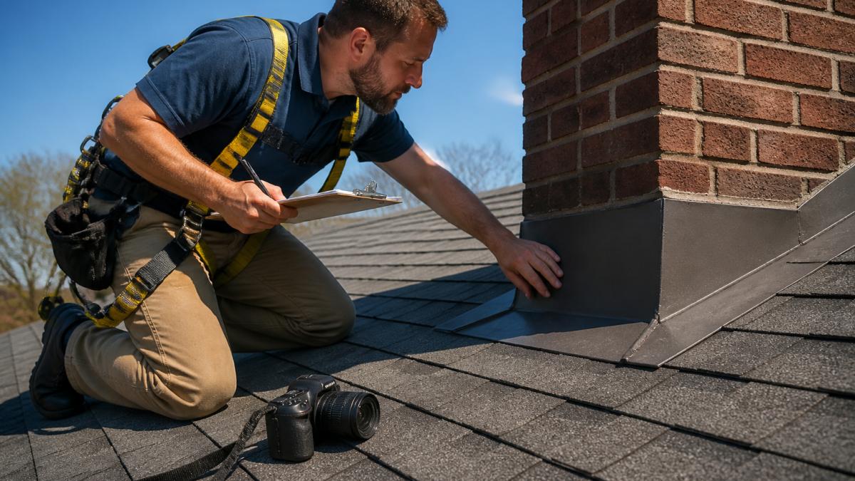 A roof inspector in a safety harness kneeling on gray asphalt shingles, examining metal flashing around a brick chimney with a clipboard and camera nearby, clear blue sky behind him