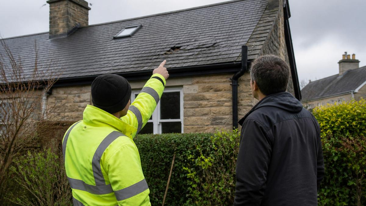 Homeowner and roofer conducting a post-storm roof inspection in an Edinburgh garden