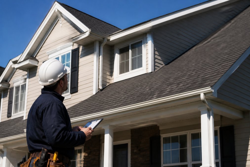 A professional roofing contractor in work gear inspecting asphalt shingles on a residential two-story house, holding a clipboard and looking up at the roofline on a sunny day