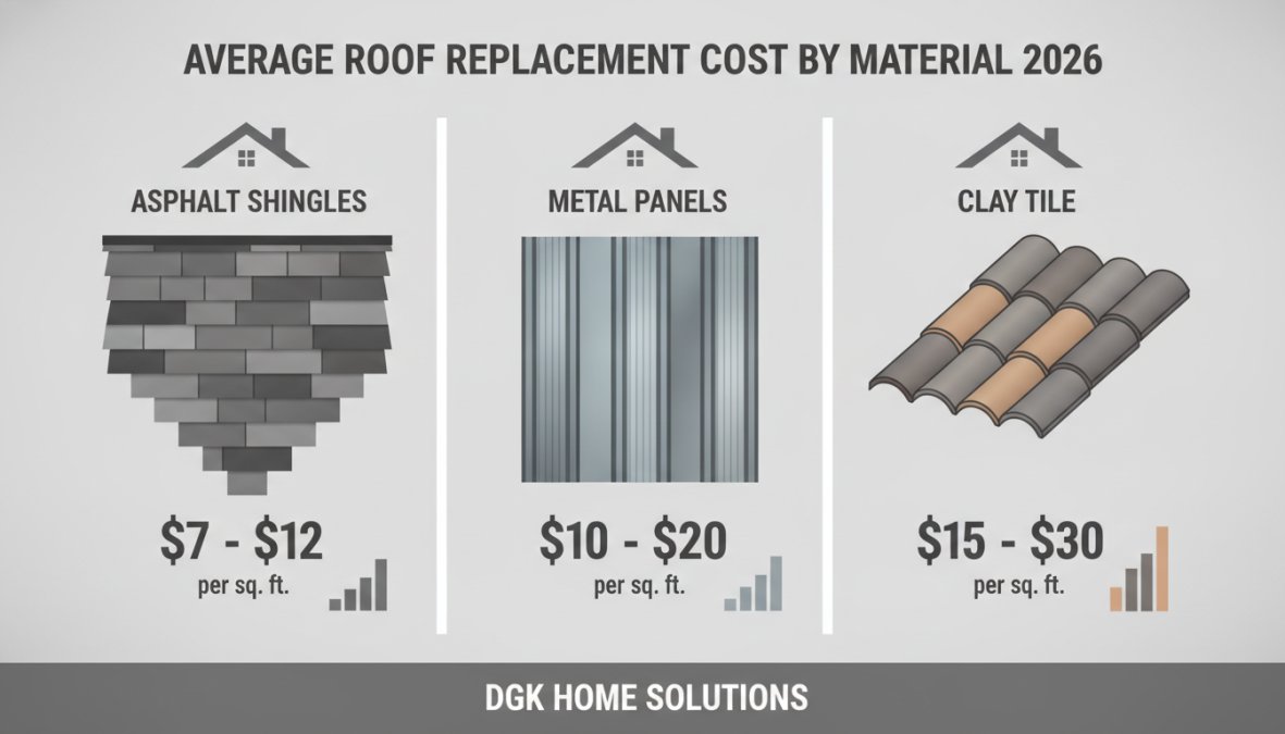 Close-up of different roofing material samples arranged side by side, showing asphalt shingles, metal panels, and clay tile pieces in natural sunlight on a wooden workbench