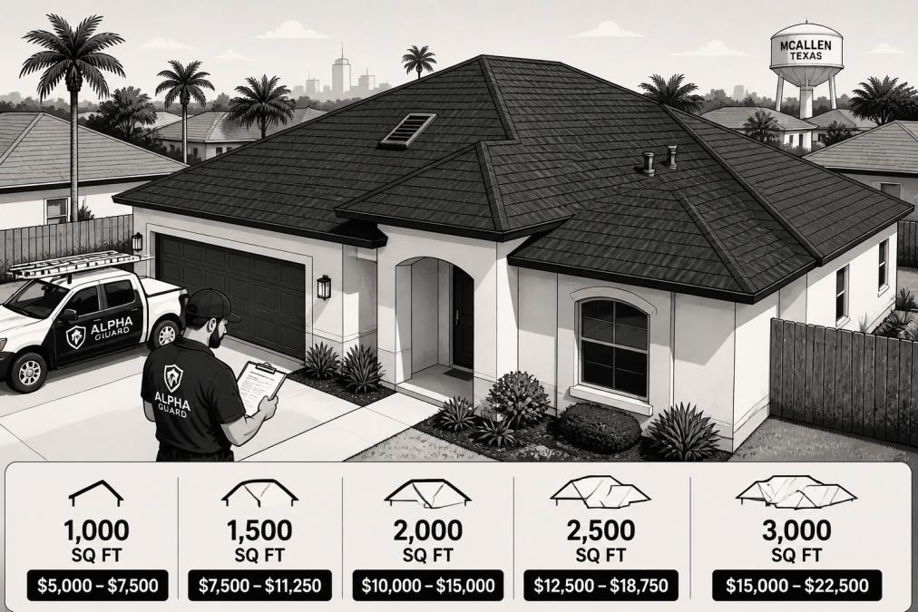 Aerial view of a residential home in a sunny Texas neighborhood showing a freshly installed asphalt shingle roof, with a roofing contractor on the ground reviewing paperwork on a clipboard