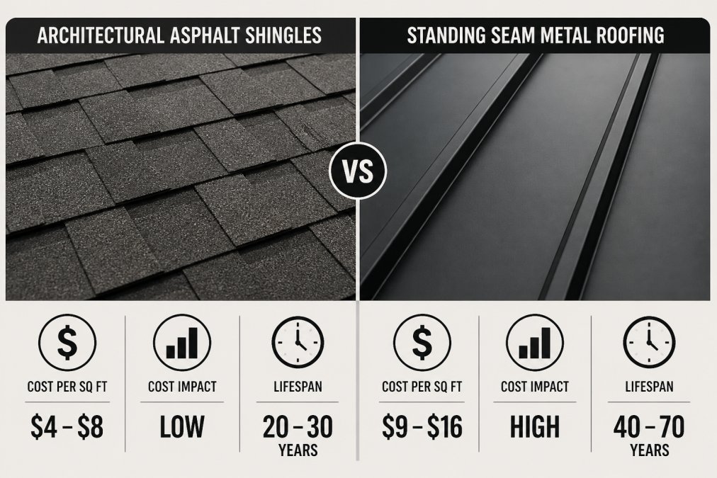 Close-up side-by-side view of architectural asphalt shingles and standing seam metal roofing panels laid on a flat surface in natural daylight, showing texture and color differences