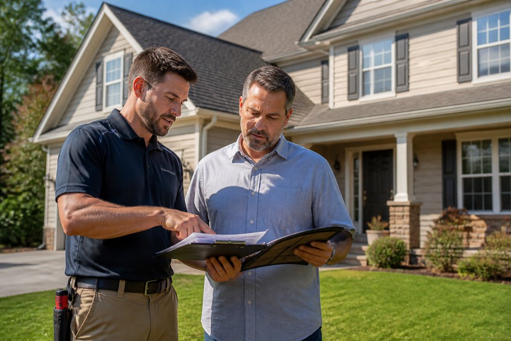 Contractor and homeowner reviewing a residential roof replacement estimate and material samples