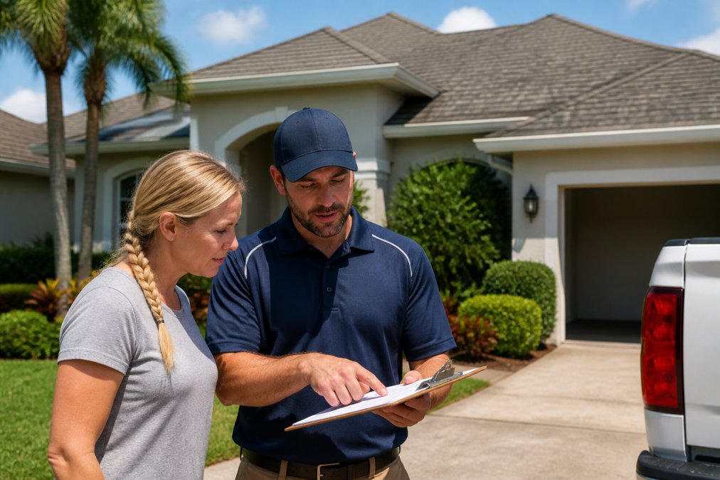 Technician reviewing a roof soft wash quote with a homeowner on a sunny driveway in front of an asphalt roof.