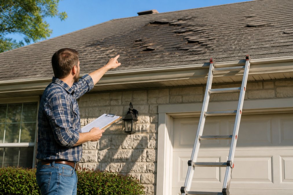 Homeowner with a clipboard inspecting residential roofing for missing and curling shingles from the driveway