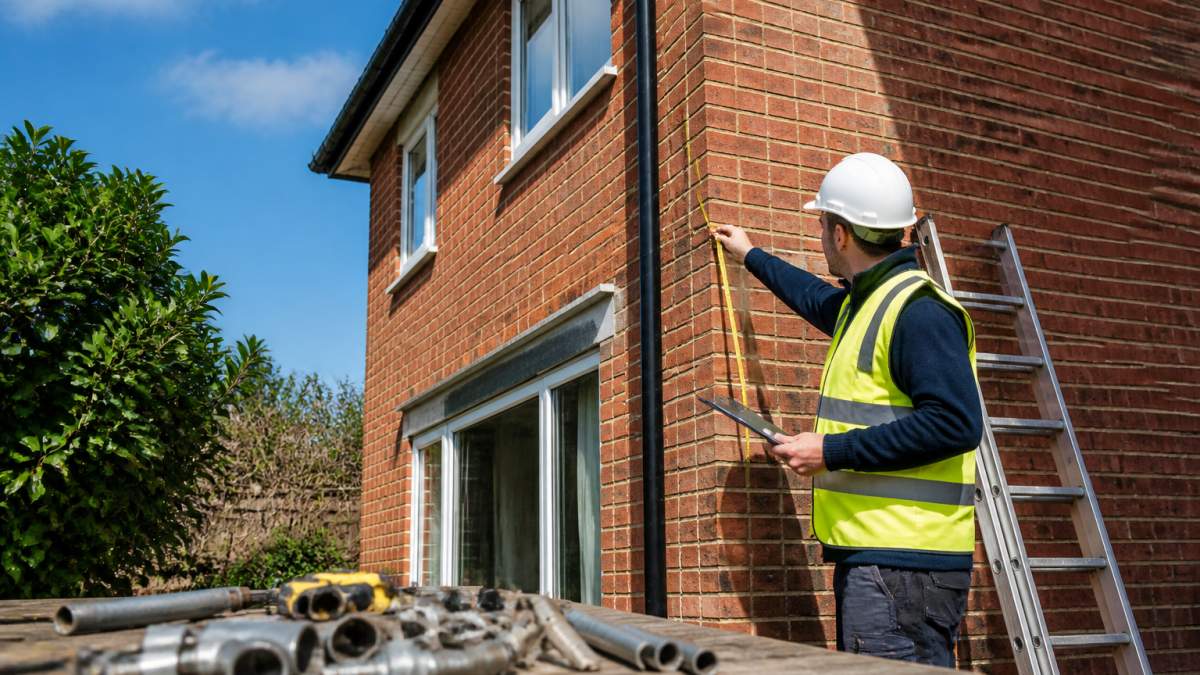 Scaffolder measuring a two-storey house to plan a safe scaffolding design on site