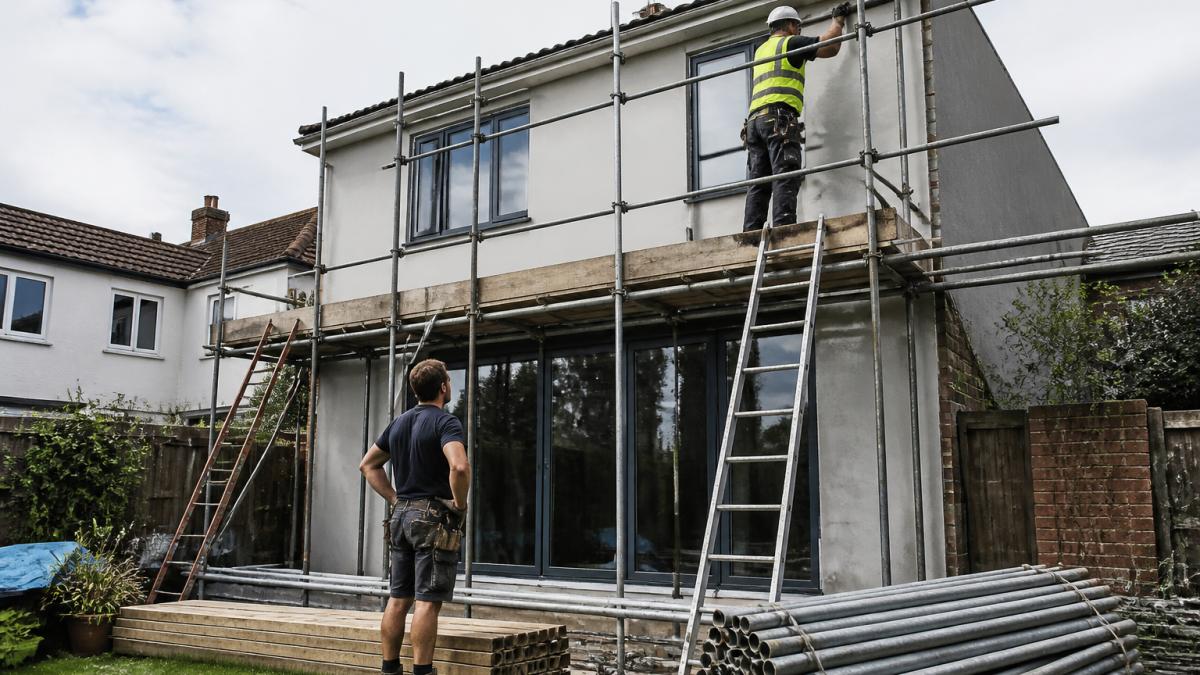 Scaffolder installing guardrails on residential scaffolding at a house extension site