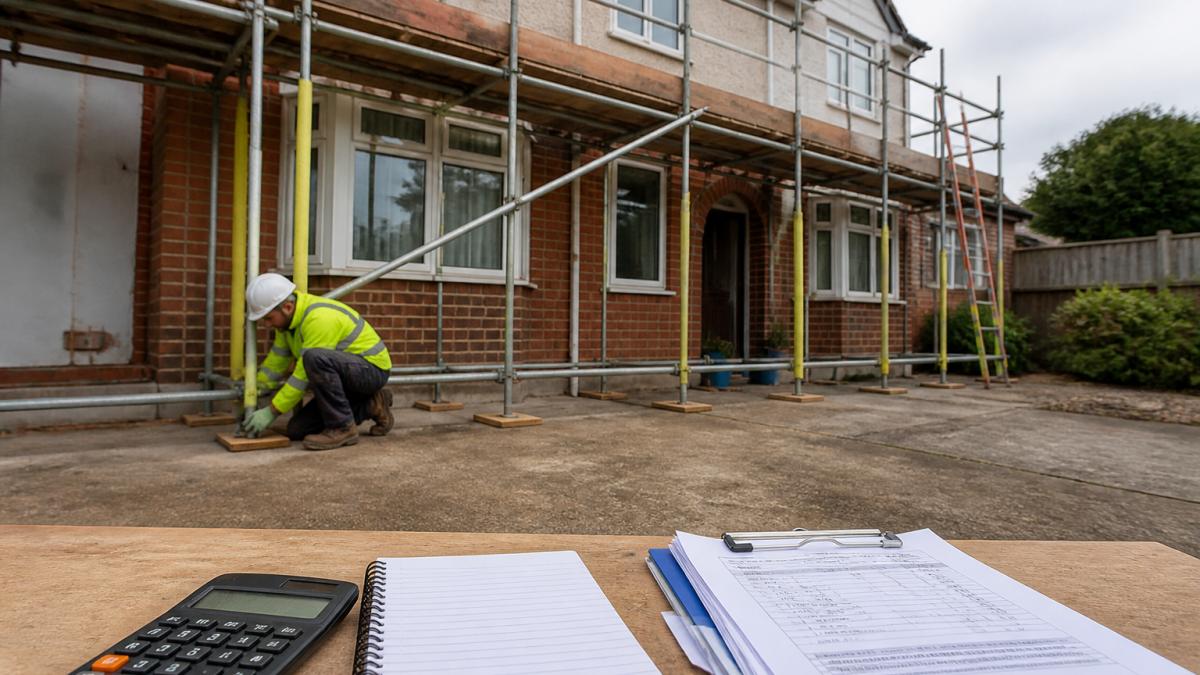 A domestic two-storey house with a full scaffold erected along the front elevation, a scaffolder in high-visibility clothing checking a base plate at ground level, a clipboard and paperwork resting on a wooden board